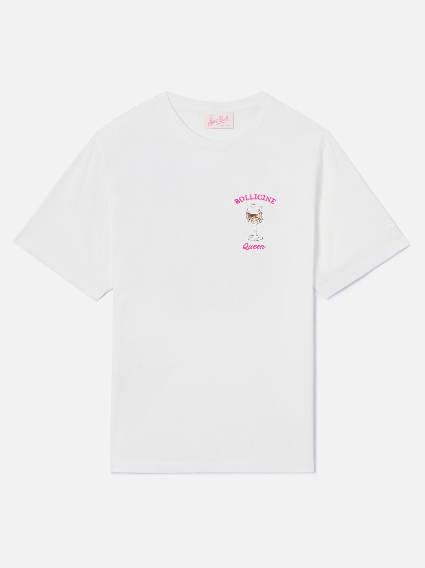 T-shirt Emilie bianca con ricamo Bollicine Queen e strass