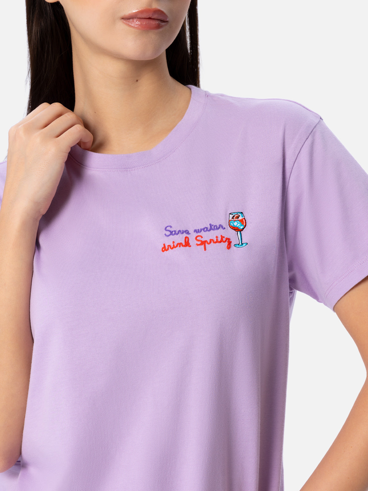 Woman cotton jersey crewneck t-shirt Emilie with Save water drink Spritz embroidery - MC2 Saint Barth