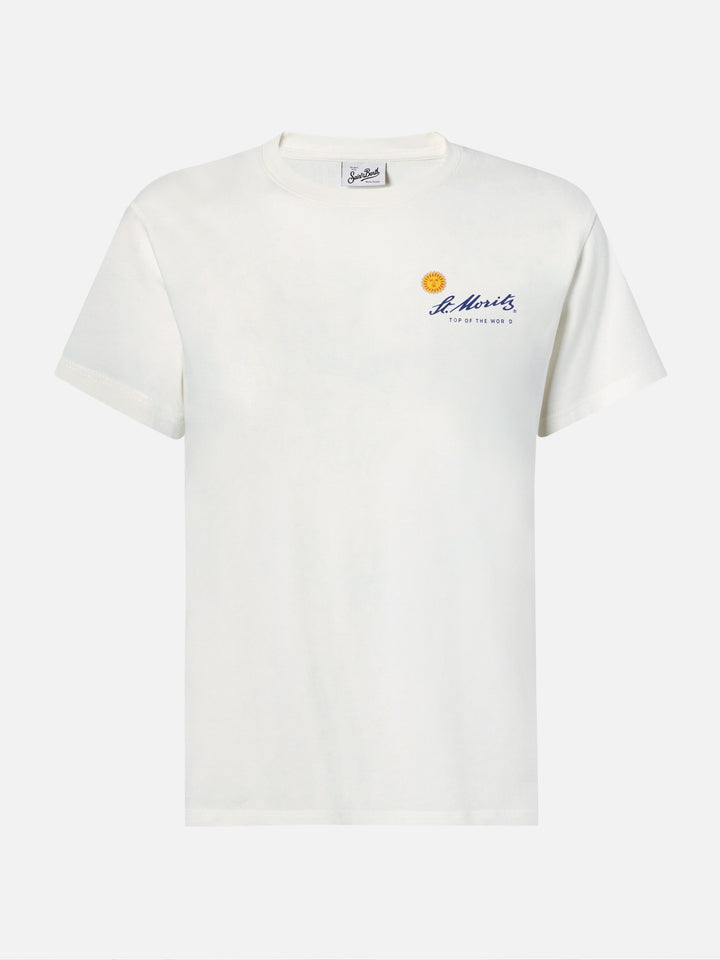 Emilie cotton T-shirt in white with St. Moritz print | ST. MORITZ TOP OF THE WORLD SPECIAL EDITION