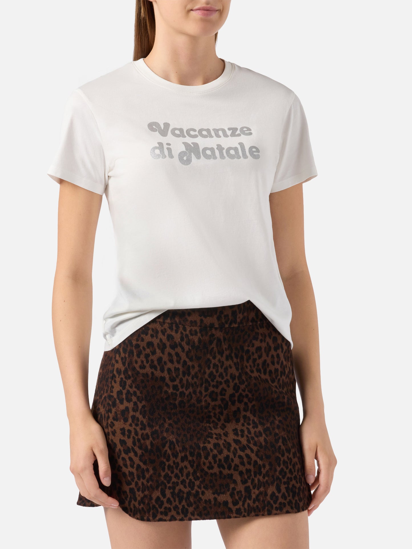 T-shirt Emilie in cotone bianco con applicazione glitter argento Vacanze di Natale | VACANZE DI NATALE SPECIAL EDITION