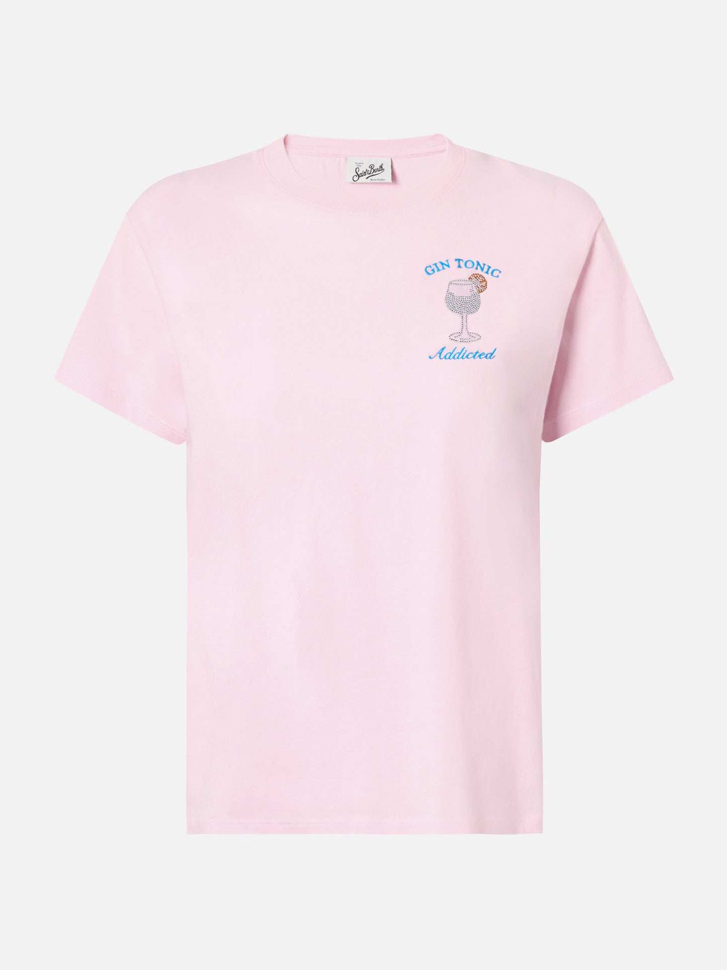 Emilie cotton T-shirt in pink with Gin Tonic addicted rhinestone appliqué
