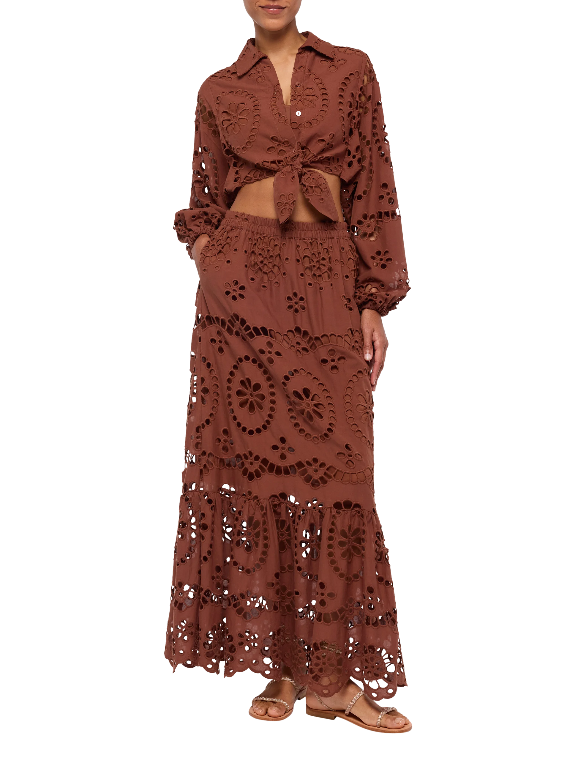 Febe camel brown cotton Sangallo lace shirt - MC2 Saint Barth