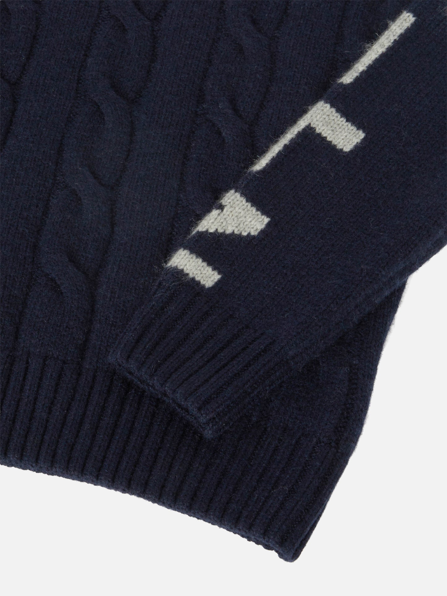 Navy blue cable-knit turtleneck Fisherman Jr sweater with Saint Moritz jacquard