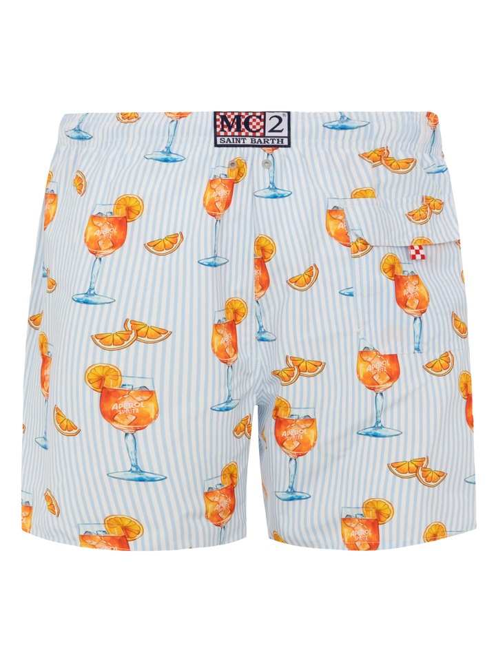 Mid-length Gustavia swim-shorts with Aperol Spritz and stripes print | APEROL SPECIAL EDITION - MC2 Saint Barth