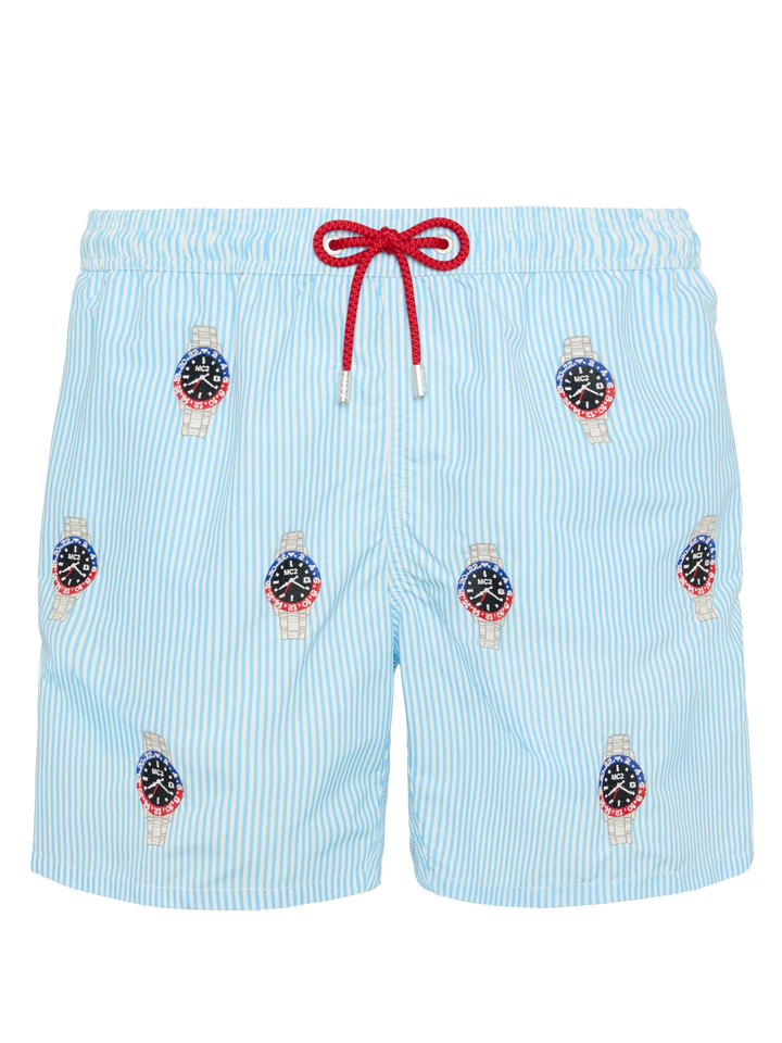 Costume mare lunghezza media Gustavia a righe con ricamo orologi