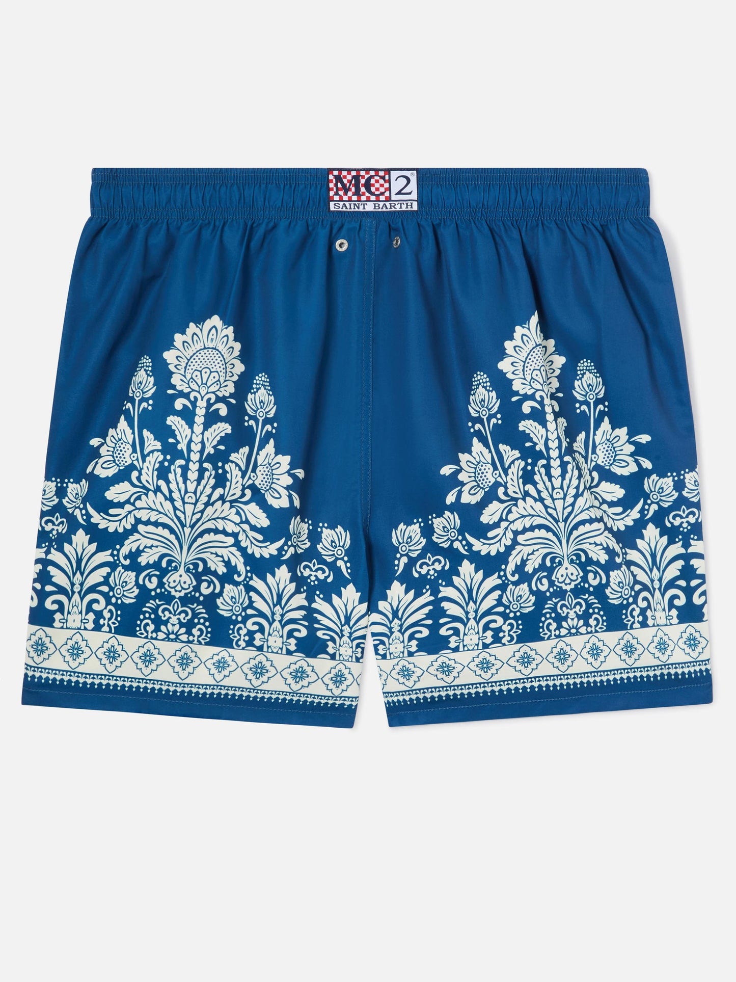 Gustavia blue swim shorts with ornamental floral print