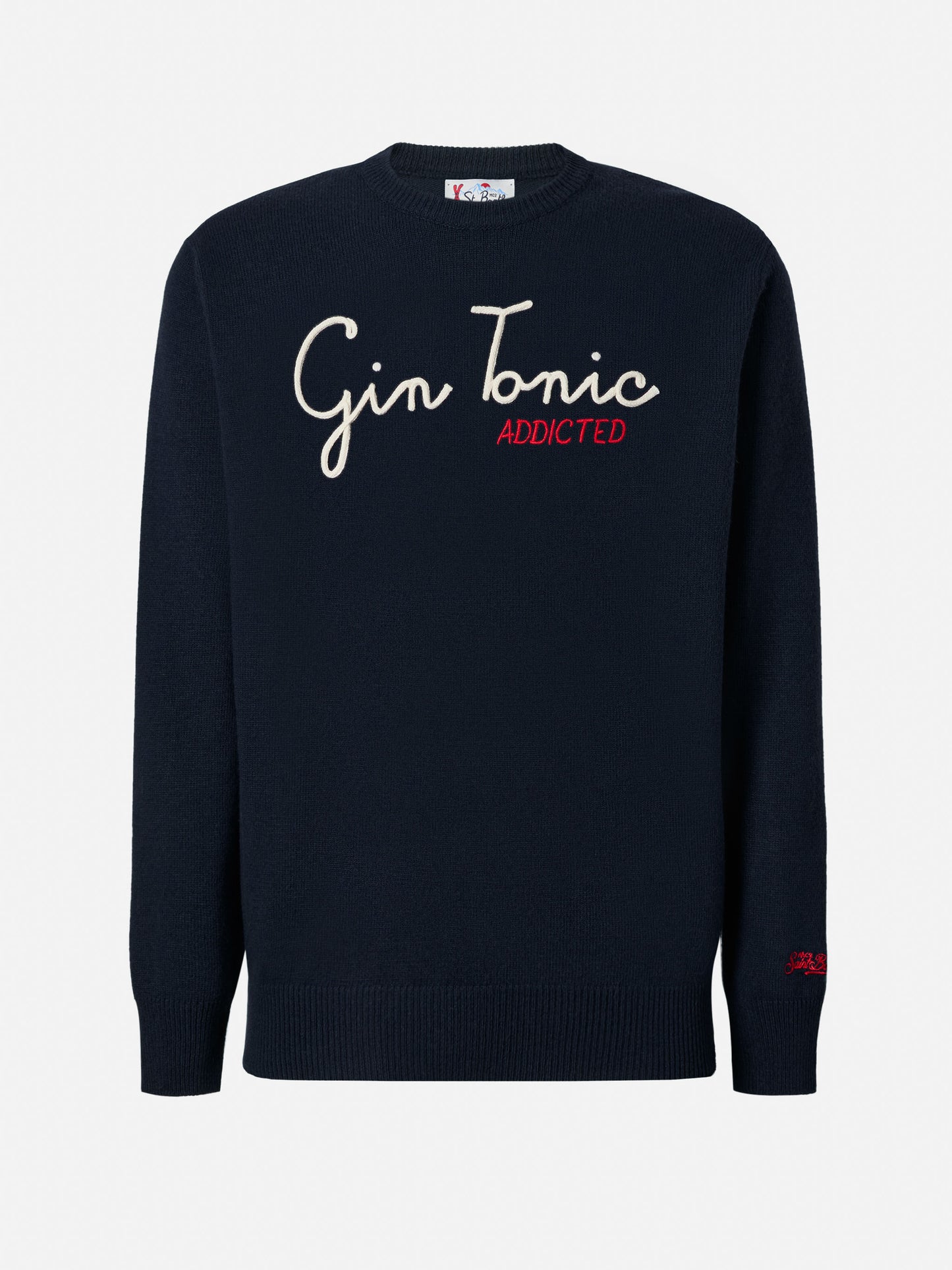 Marineblauer Rundhalspullover Heron mit „Gin Tonic Addicted“-Stickerei