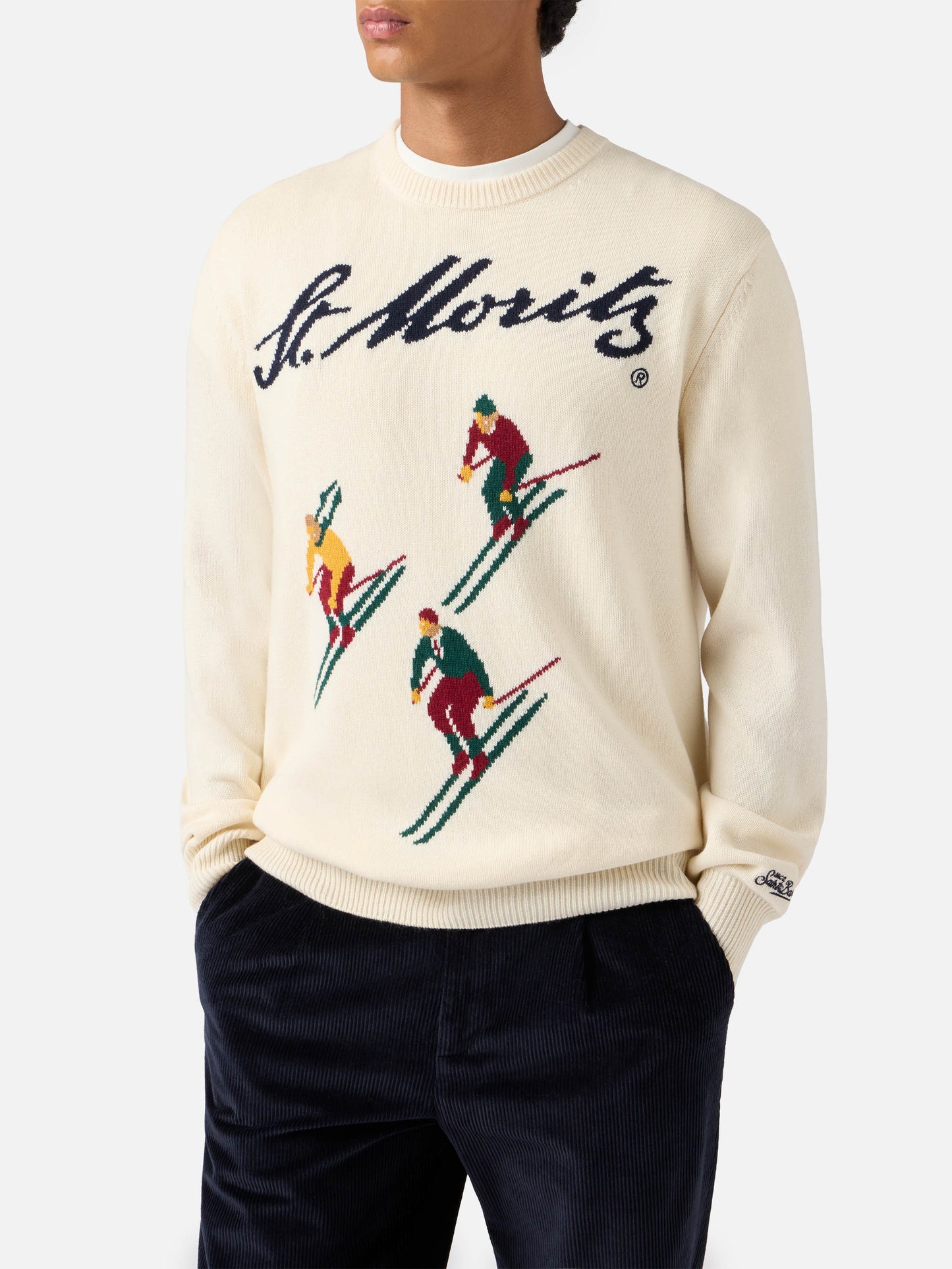 Maglione Heron bianco con jacquard cartolina St. Moritz Ski