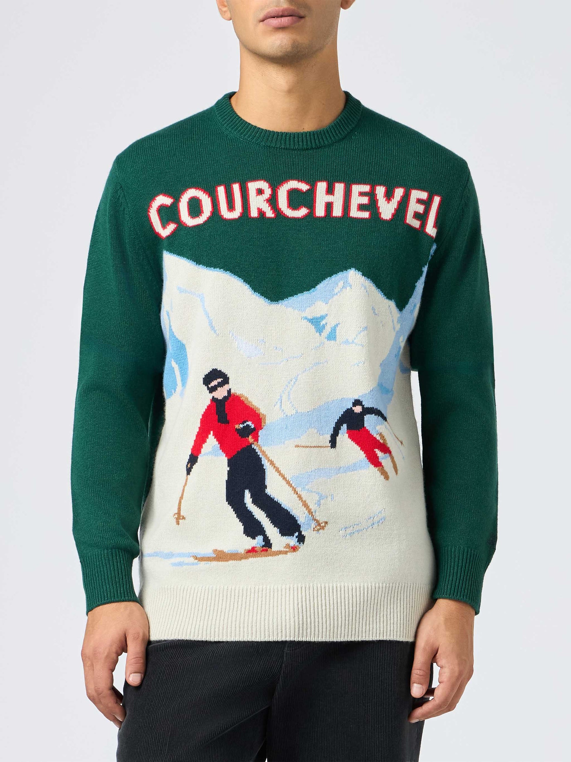 Man green sweater Heron with Courchevel skiers postcard print - MC2 Saint Barth