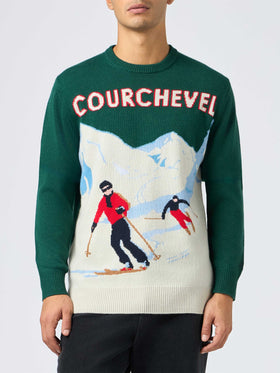Man green sweater Heron with Courchevel skiers postcard print - MC2 Saint Barth