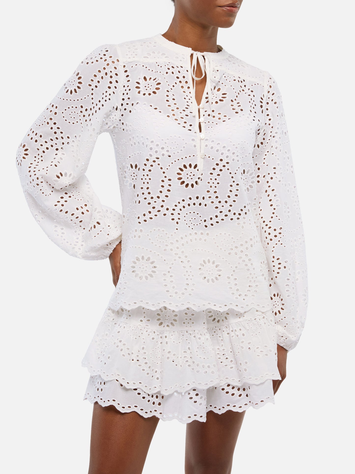 Harper silk voile blouse in white Sangallo lace