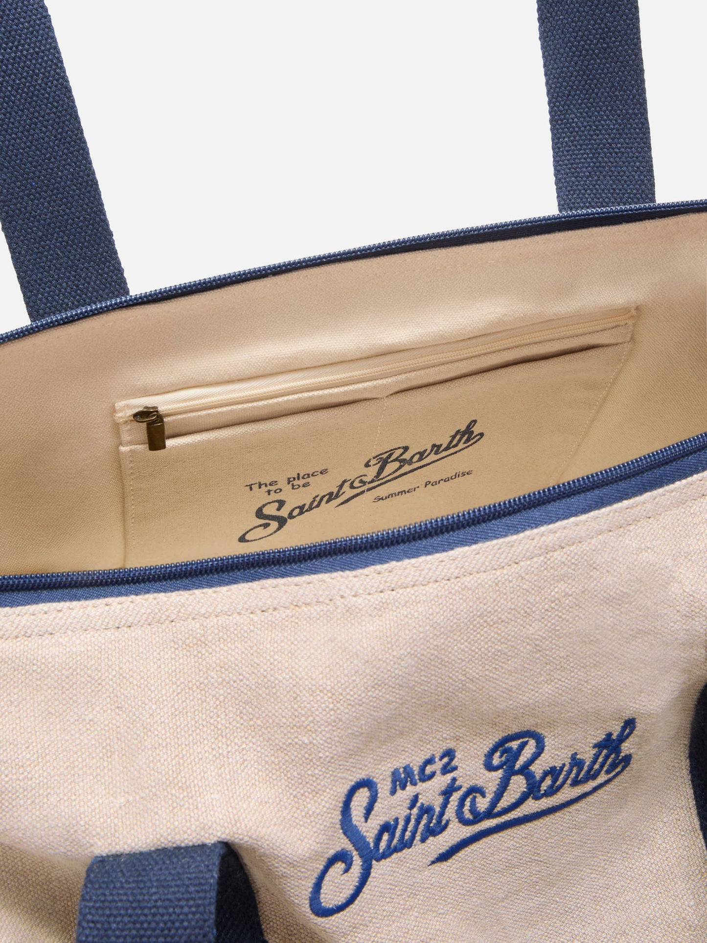 Round Jetleg beige linen weekender with contrasting embroidered logo
