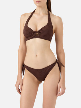 Bikini bralette a triangolo classico Leda Yali in pizzo sangallo marrone