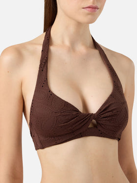 Bikini bralette a triangolo classico Leda Yali in pizzo sangallo marrone