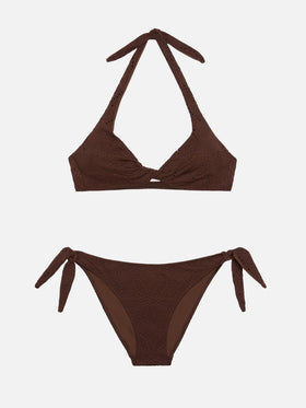 Bikini bralette a triangolo classico Leda Yali in pizzo sangallo marrone