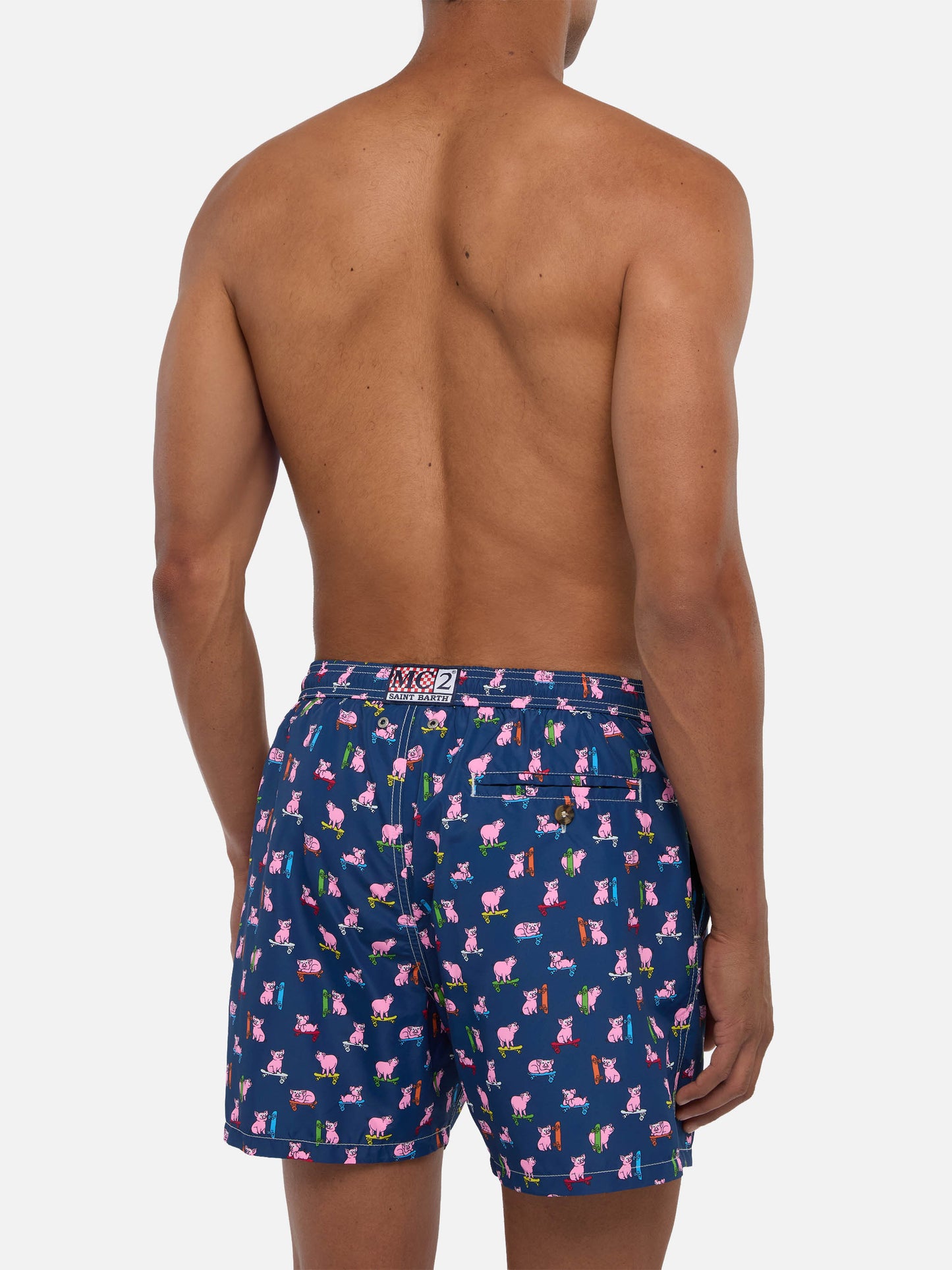 Costume da bagno da uomo in tessuto leggero con stampa maialini skater