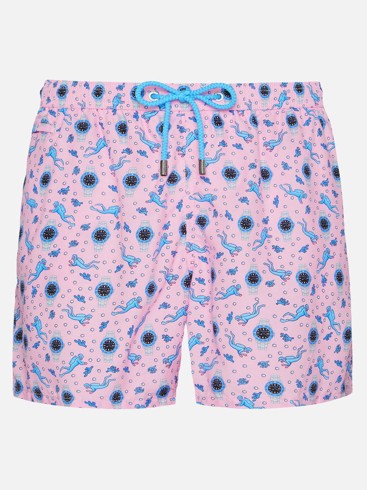Lightweight fabric swim shorts Lighting with watch print