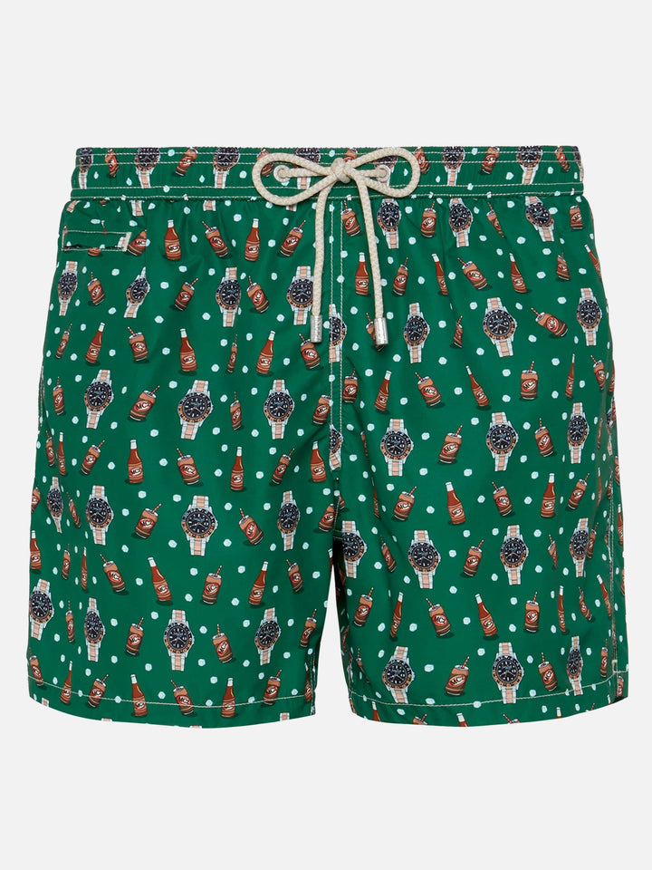 Lightweight fabric swim shorts Lighting with watch and beer print