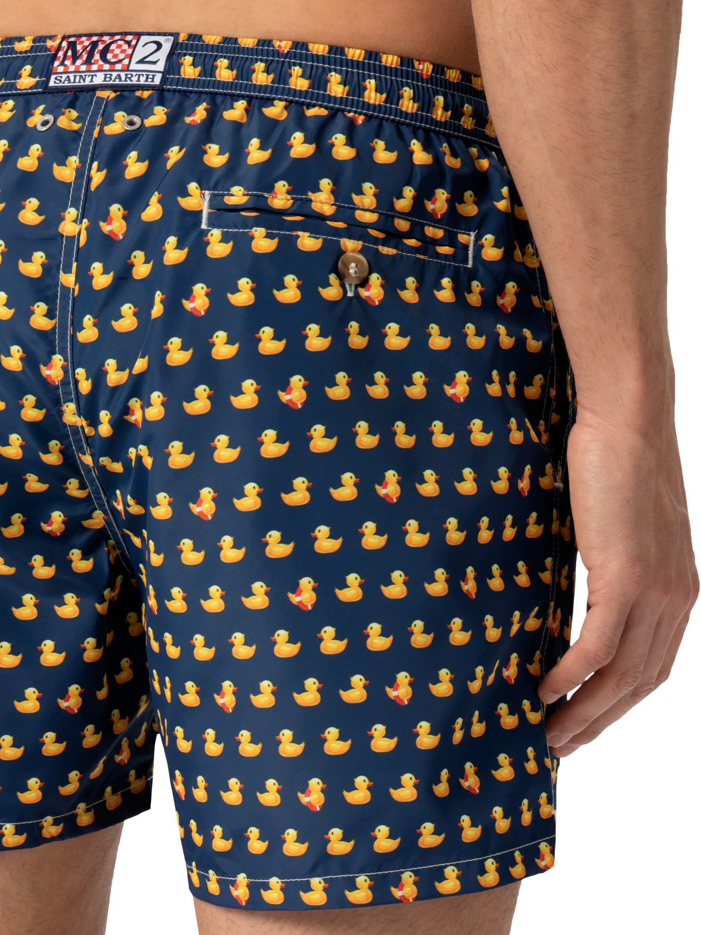 Man light fabric swim shorts with ducky print