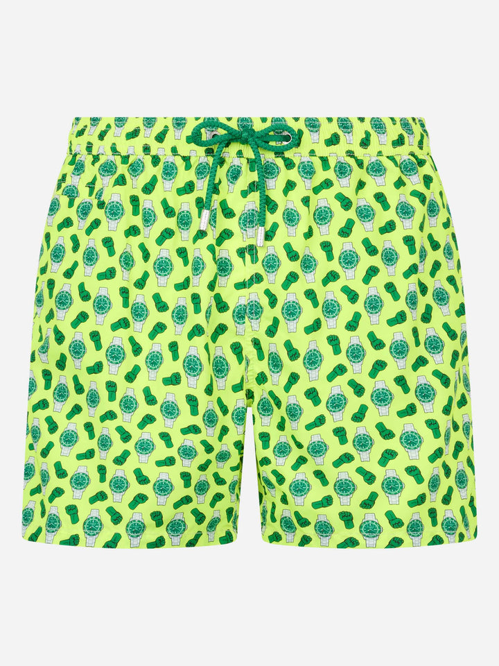 Man lightweight fabric swim-shorts Lighting Micro Fantasy with watches print - MC2 Saint Barth