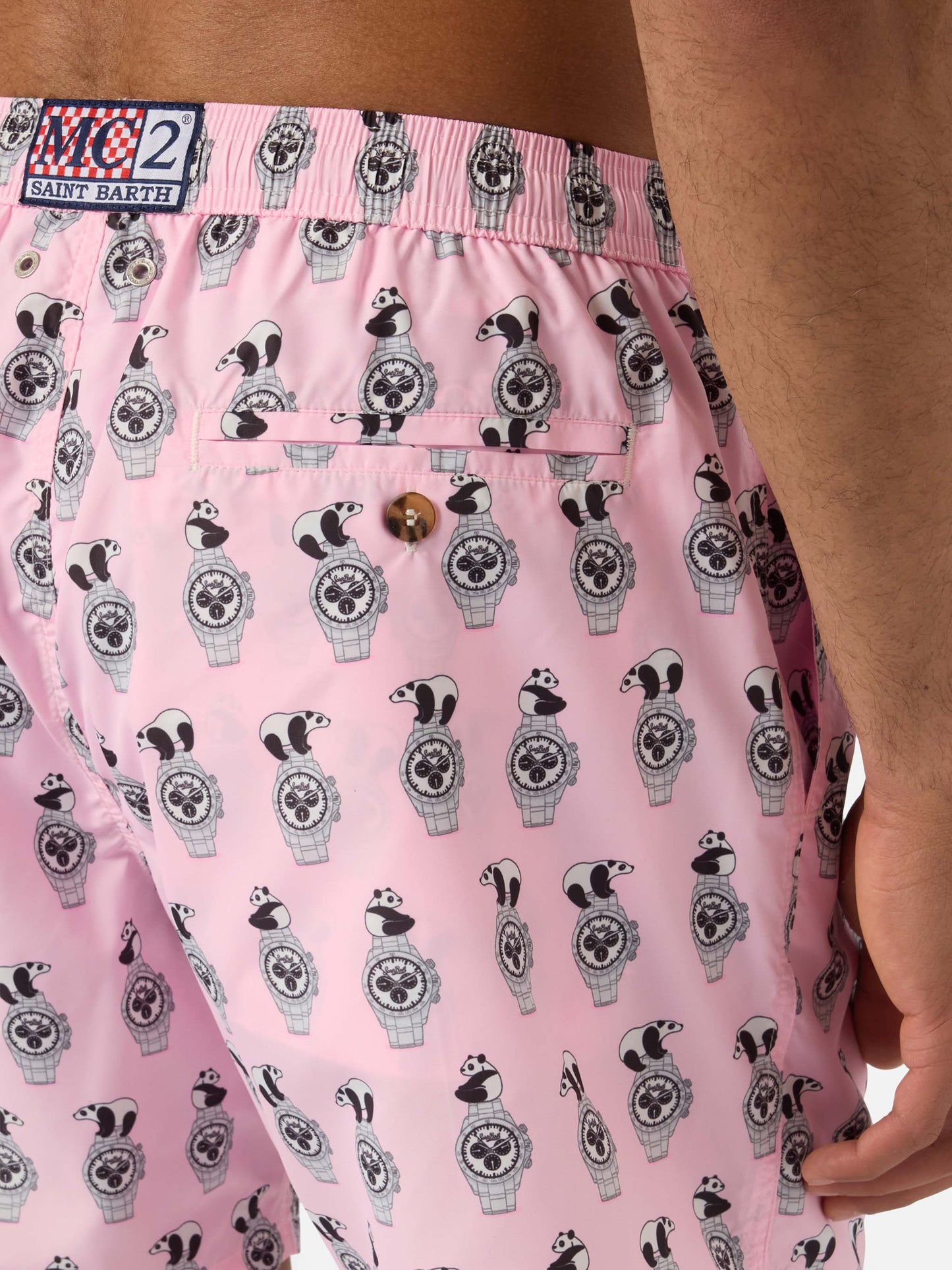 Mikro-Badeshorts Pink Lighting mit Allover-Print aus Pandas und Uhren