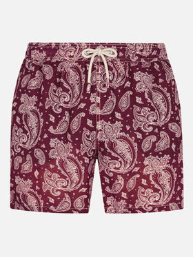 Costume da bagno da uomo in tessuto leggero con stampa paisley bordeaux