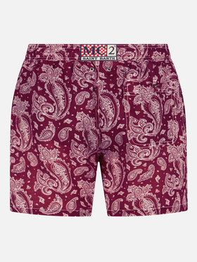 Costume da bagno da uomo in tessuto leggero con stampa paisley bordeaux