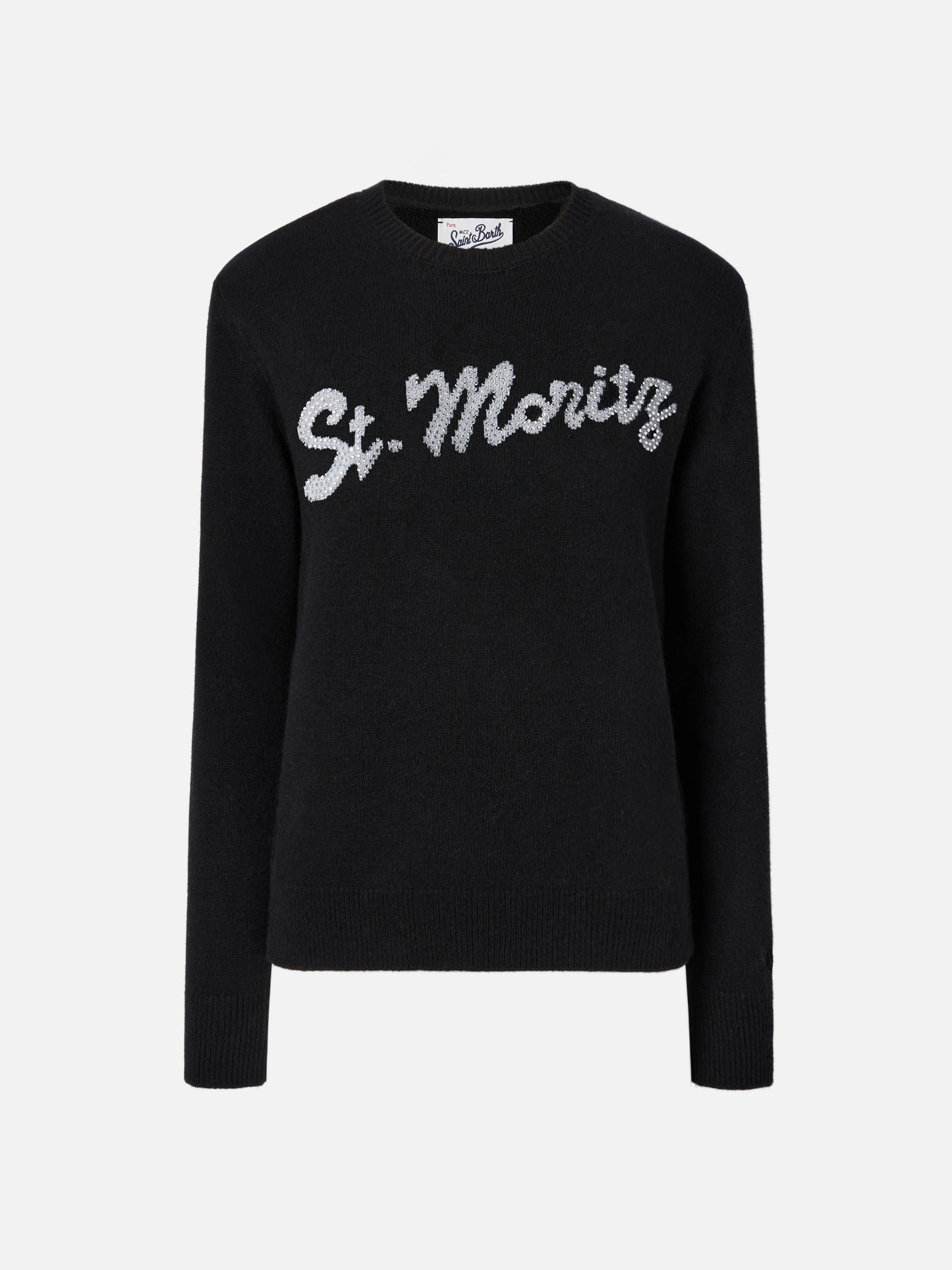 Maglione Louise in cashmere nero con applicazione St. Moritz in strass