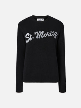 Maglione Louise in cashmere nero con applicazione St. Moritz in strass