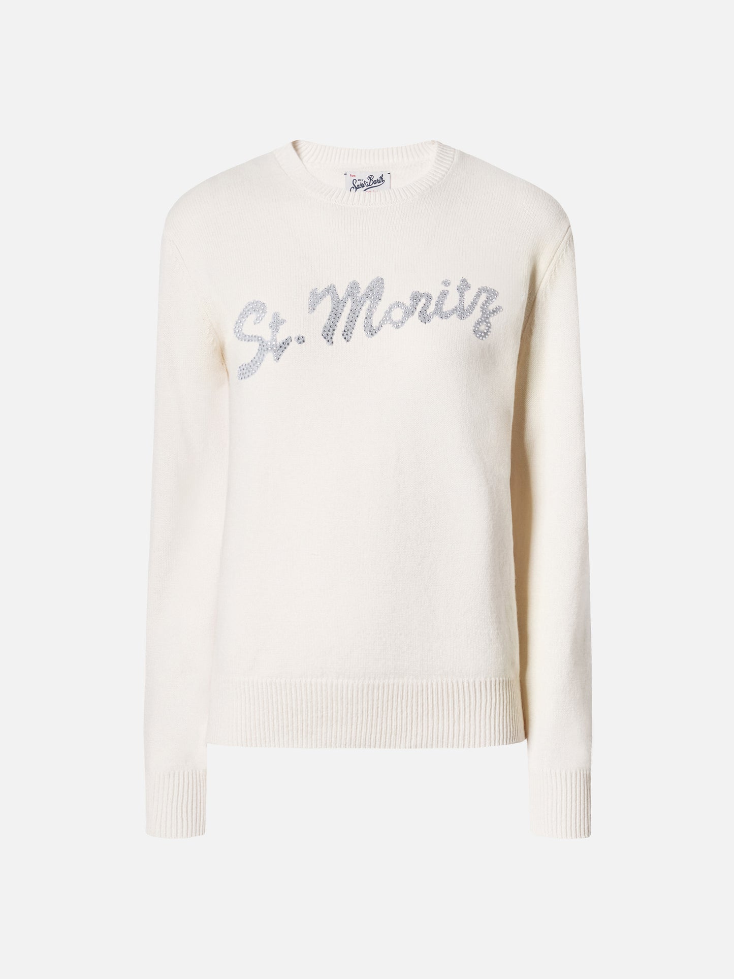 Maglione Louise in cashmere bianco con applicazione St. Moritz in strass