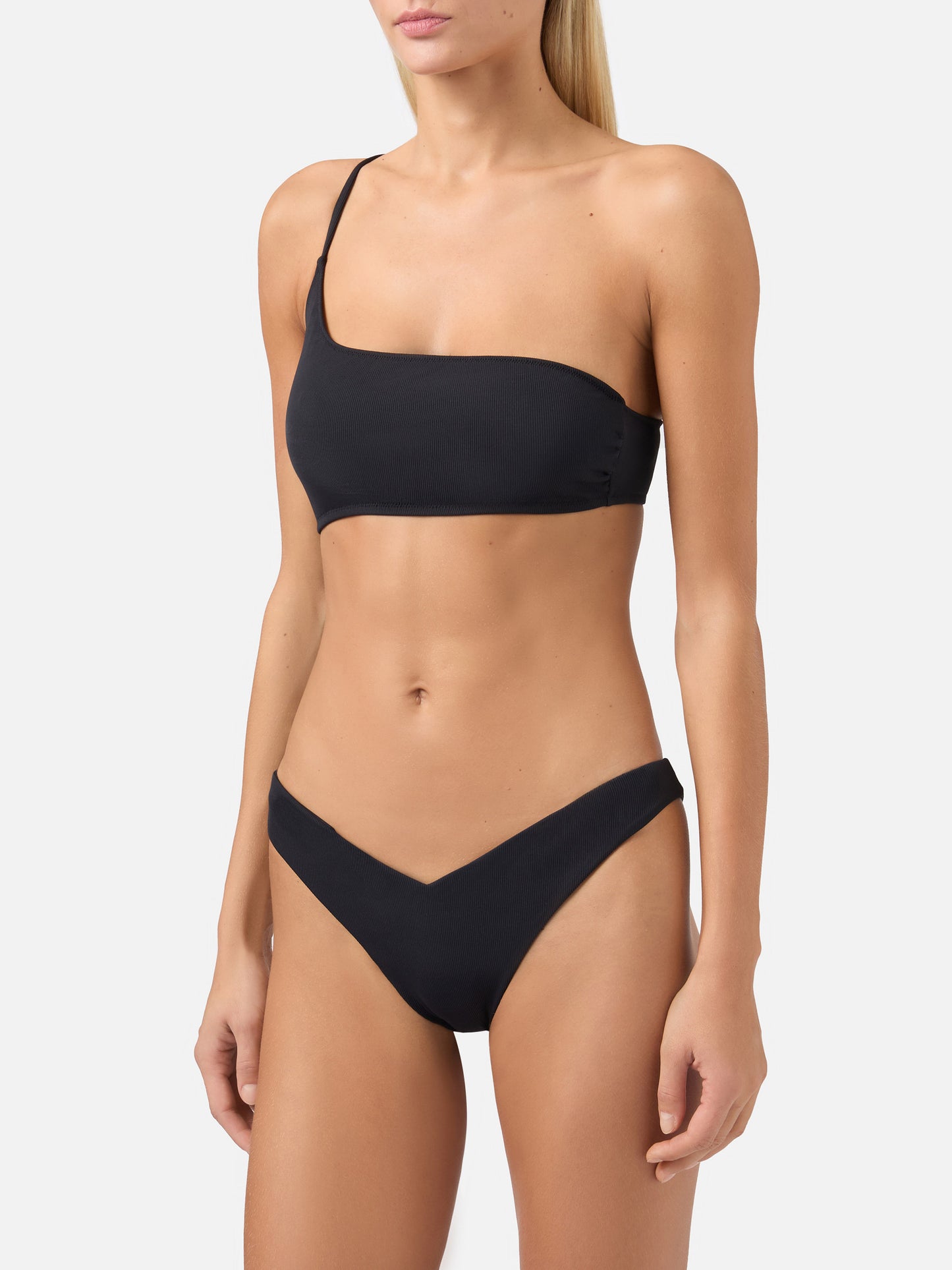 Bikini a bralette monospalla Macy Naomi a costine nero
