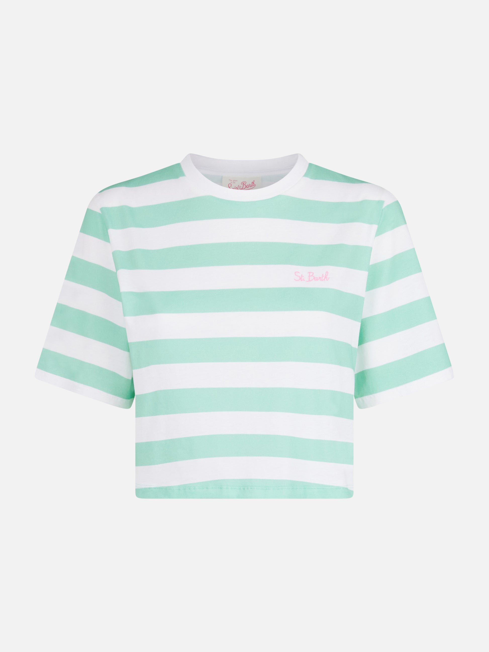 Woman acquamarine and white striped crop t-shirt - MC2 Saint Barth