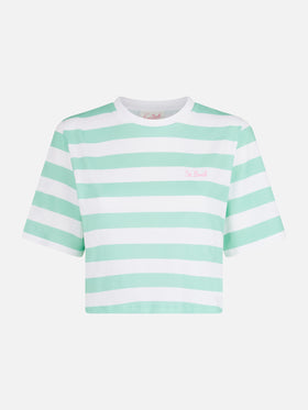 Woman acquamarine and white striped crop t-shirt - MC2 Saint Barth