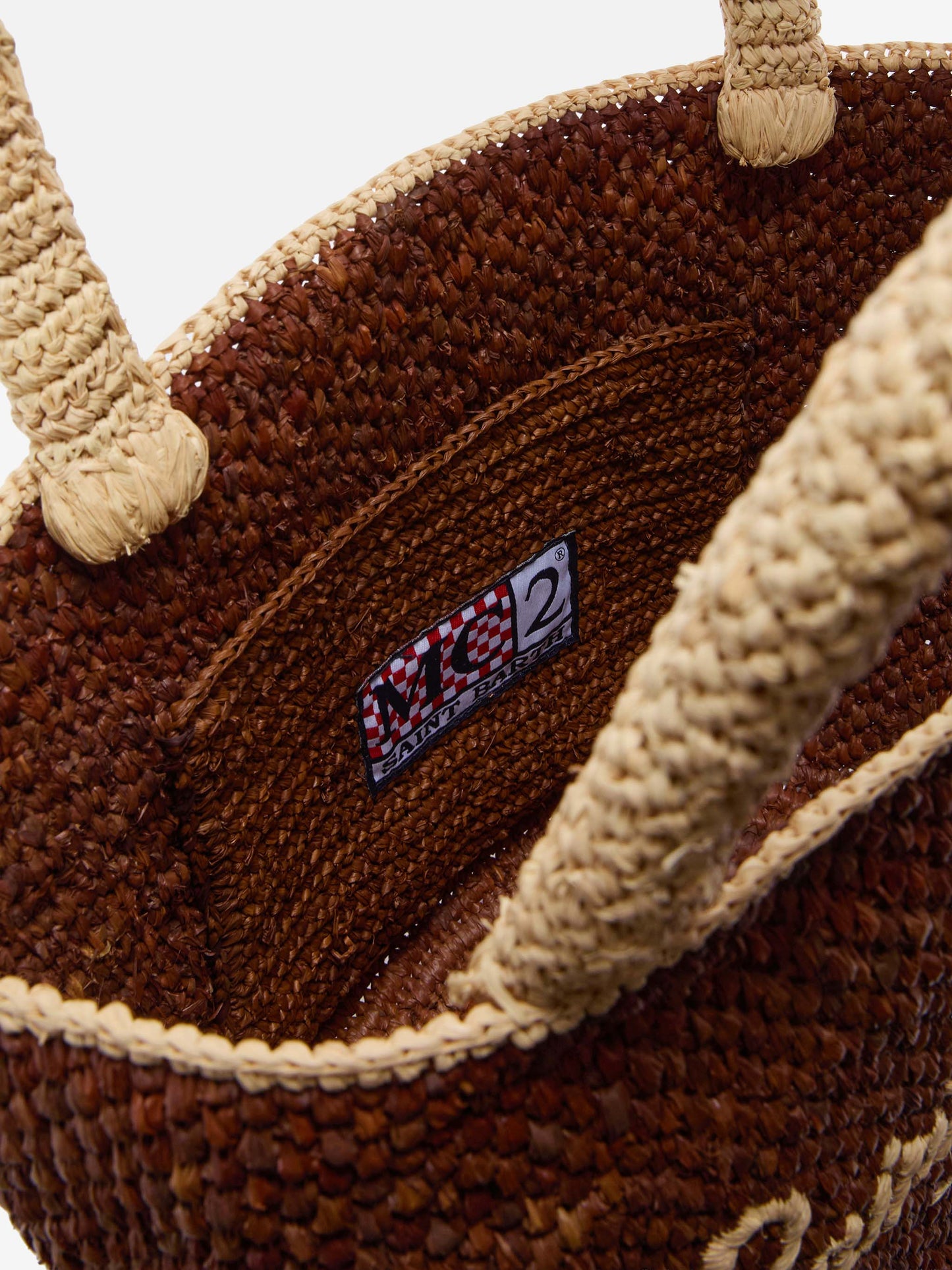 Brown Marcy raffia bag with tassel and embroidered logo