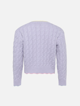 Girl lilac wavy cable knit cardigan Mallery with contrast buttons and details - MC2 Saint Barth