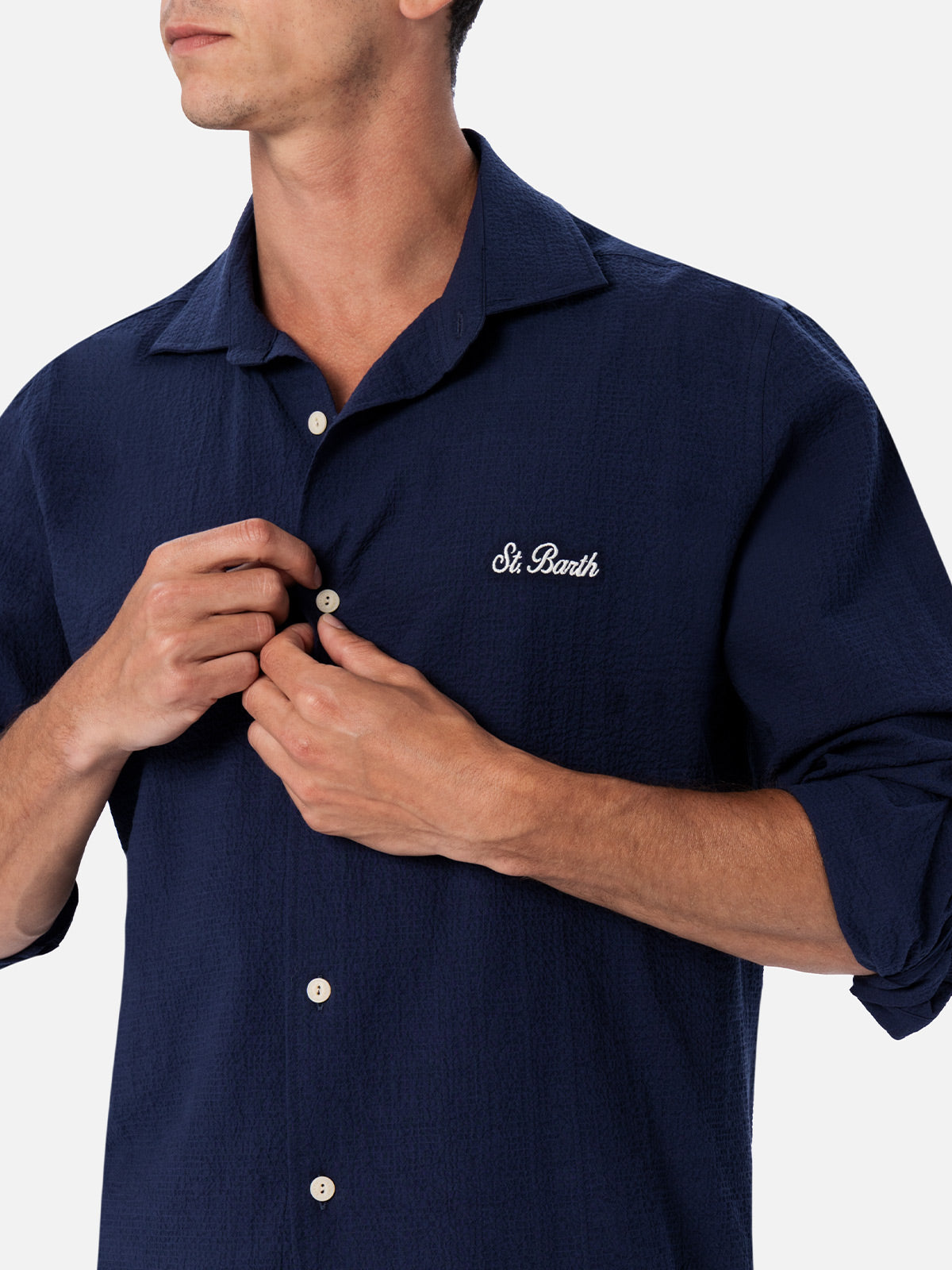 Camicia da uomo in seersucker blu in cotone Pamplona