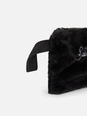Black furry pochette Pareasy with Saint Barth embroidery