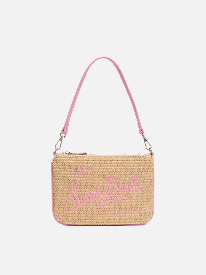 Beigefarbene Mini-Beuteltasche aus Parisienne-Stroh