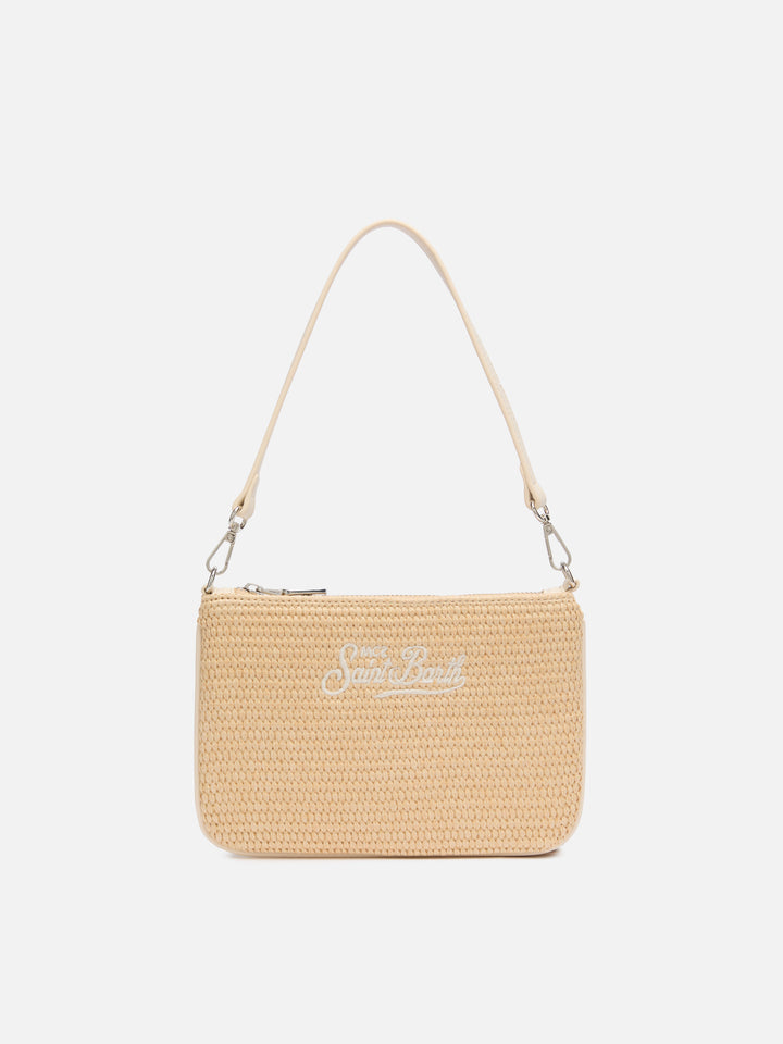 Beigefarbene Mini-Beuteltasche aus Parisienne-Stroh