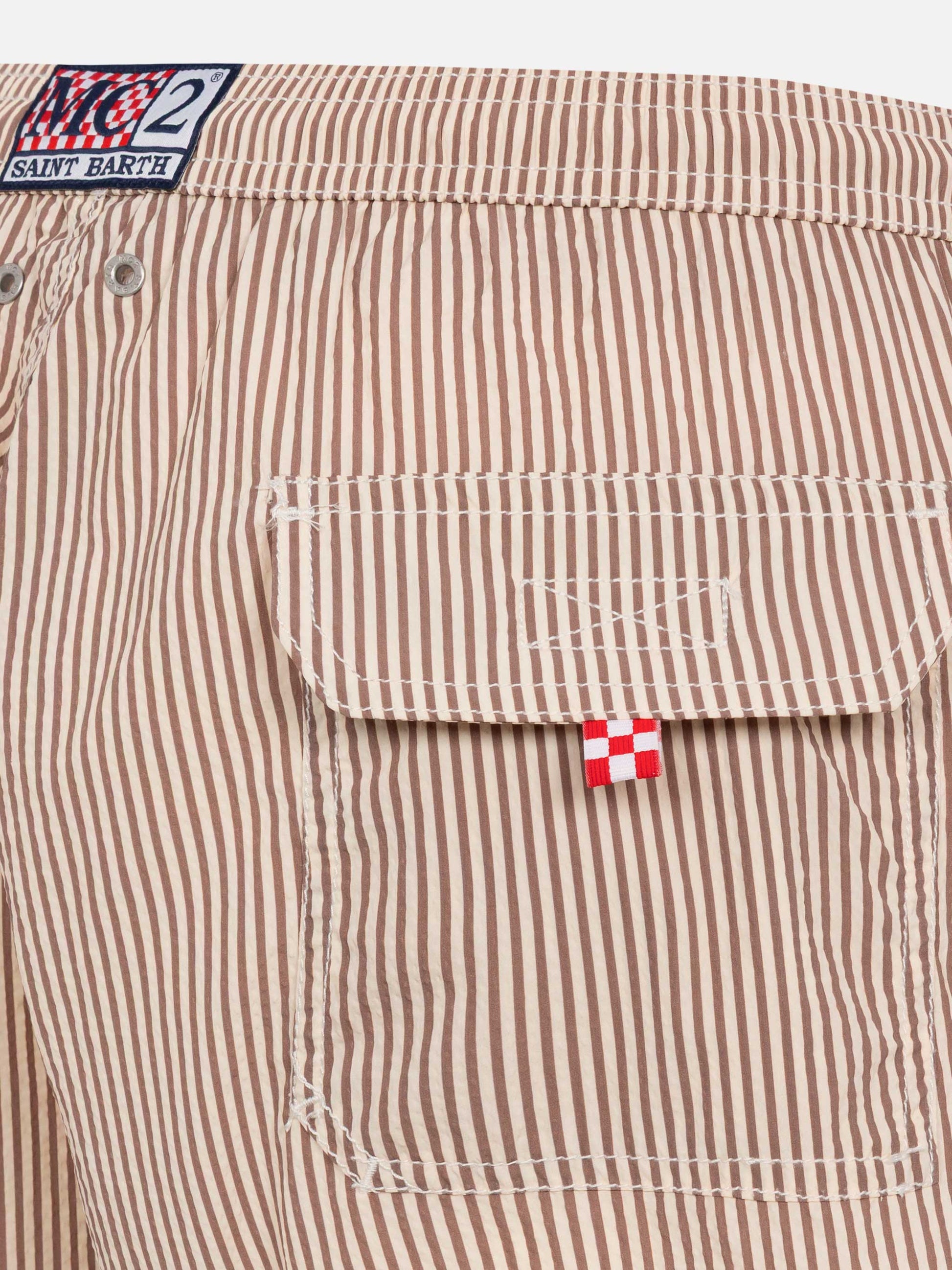 Seersucker beige striped classic light swim shorts Patmos - MC2 Saint Barth