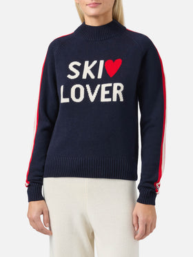 Peak cashmere-blend mock-neck sweater in blue with Ski Lover jacquard