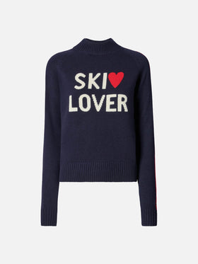 Peak cashmere-blend mock-neck sweater in blue with Ski Lover jacquard