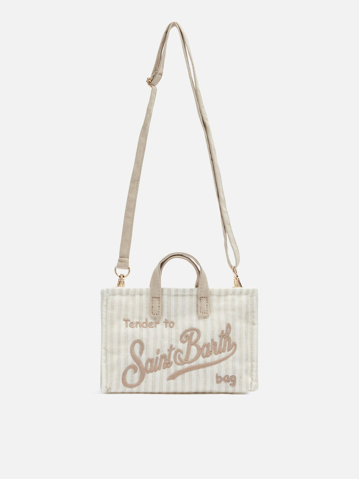 Phone Bag in lino con stampa a righe beige