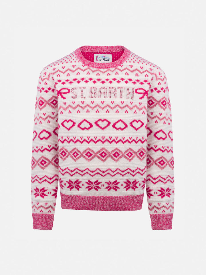 Girl fair-isle crewneck sweater Princess with St. Barth rhinestones logo - MC2 Saint Barth