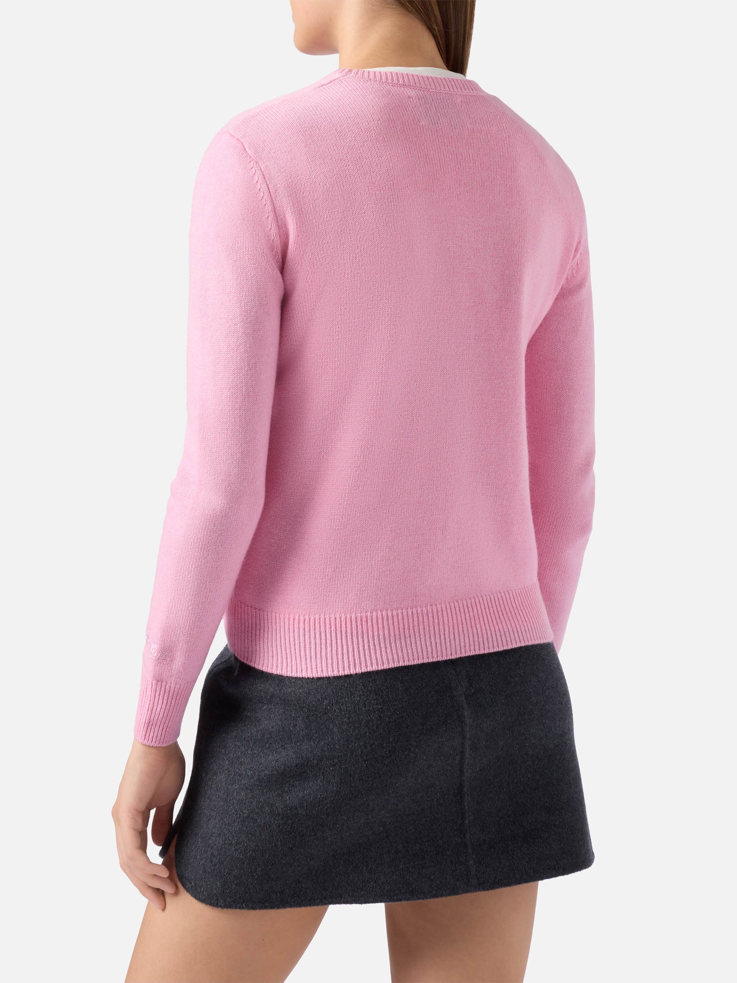 Maglione New Queen in misto cashmere rosa con applicazione in strass Strassata