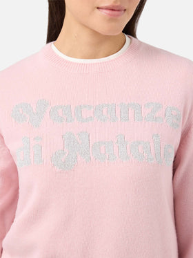 Maglione New Queen in misto cashmere rosa con jacquard lurex Vacanze di Natale | VACANZE DI NATALE SPECIAL EDITION