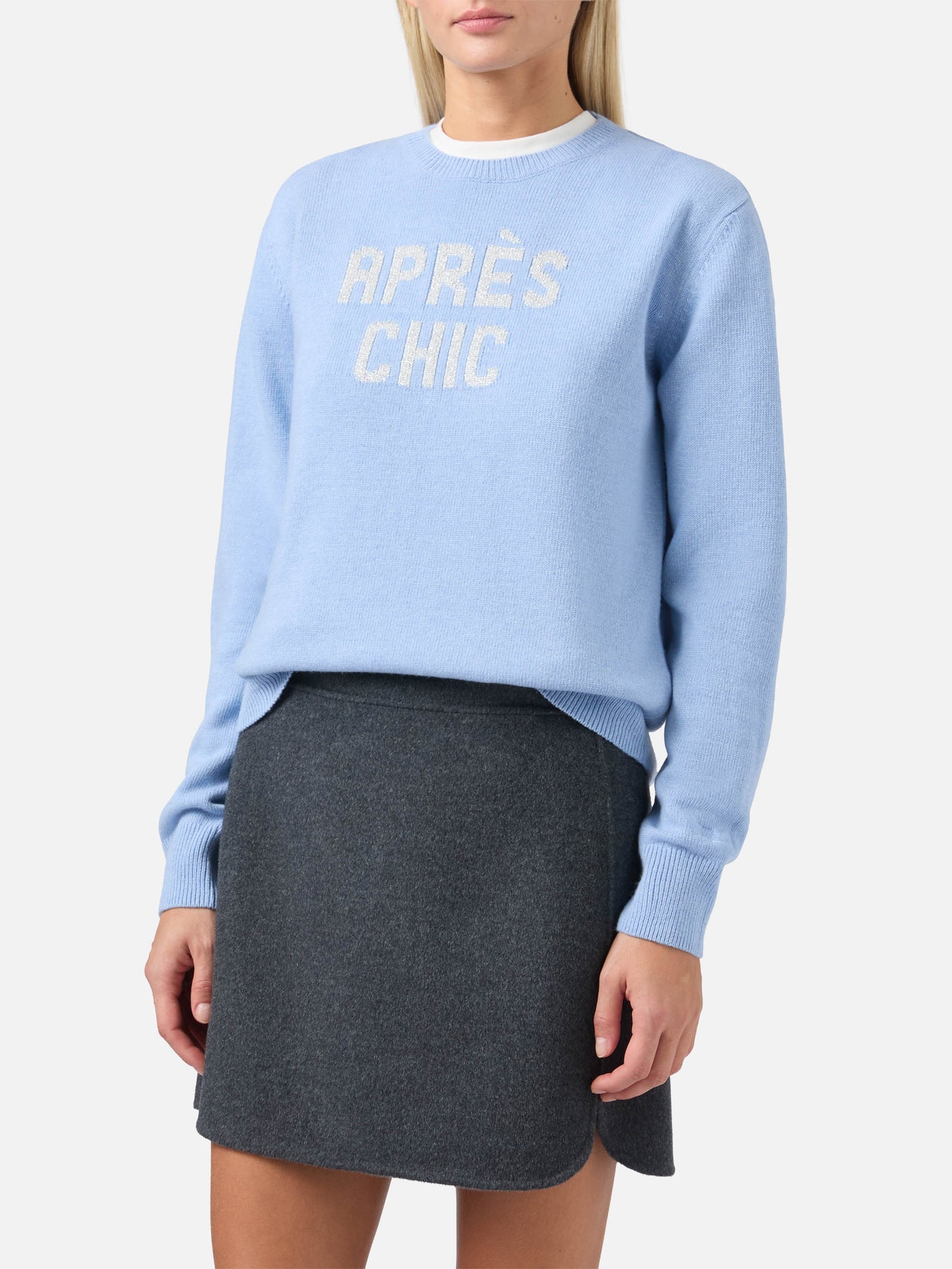 Maglione New Queen in misto cashmere azzurro con jacquard Après Chic