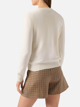 New Queen cashmere-blend sweater in white with Bollicine Addicted lurex jacquard