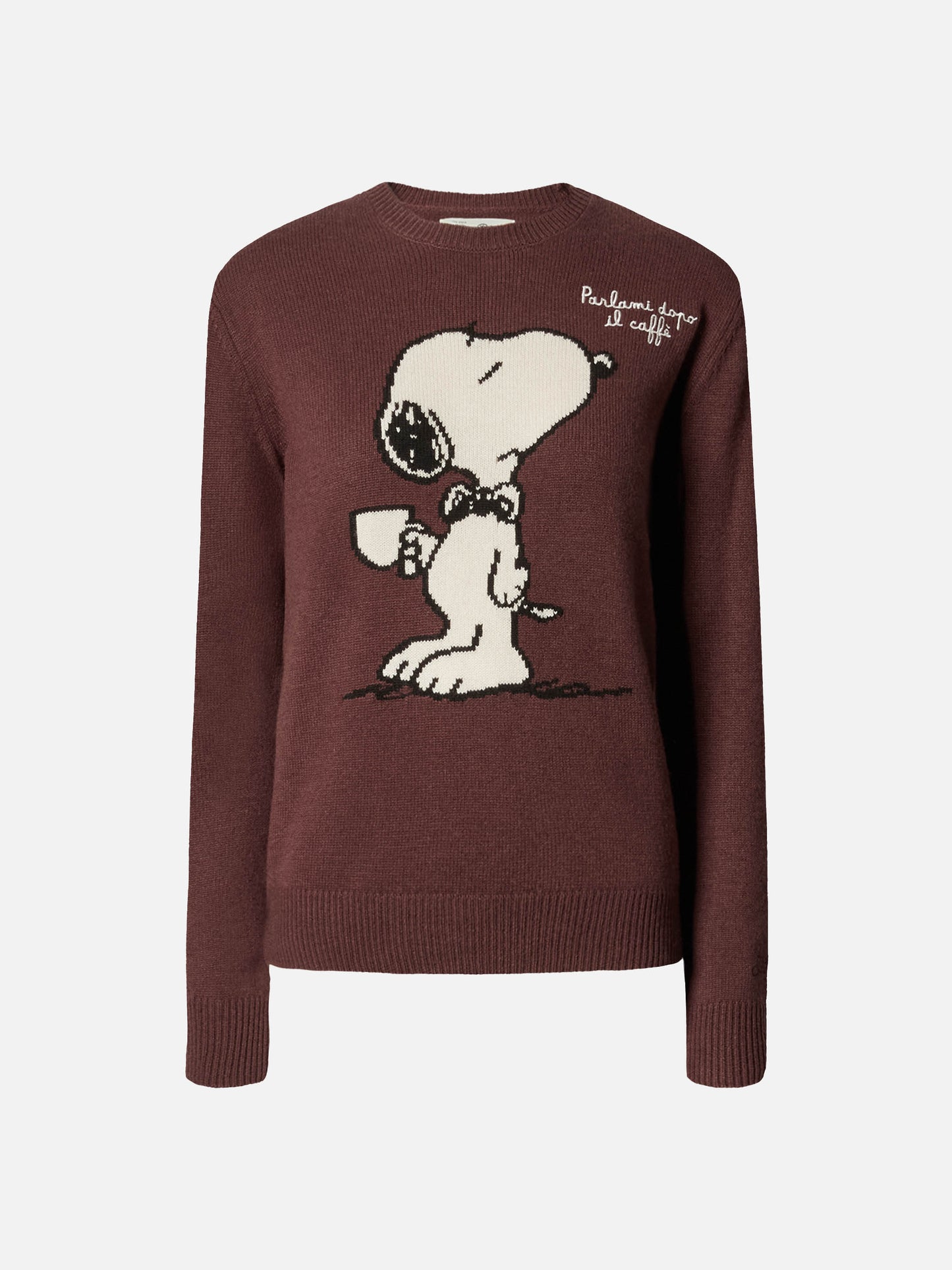 Maglione New Queen in misto cashmere marrone con jacquard Snoopy e ricamo | PEANUTS SPECIAL EDITION