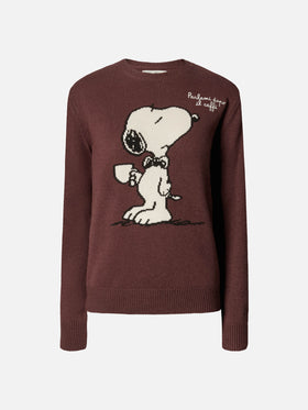 Maglione New Queen in misto cashmere marrone con jacquard Snoopy e ricamo | PEANUTS SPECIAL EDITION